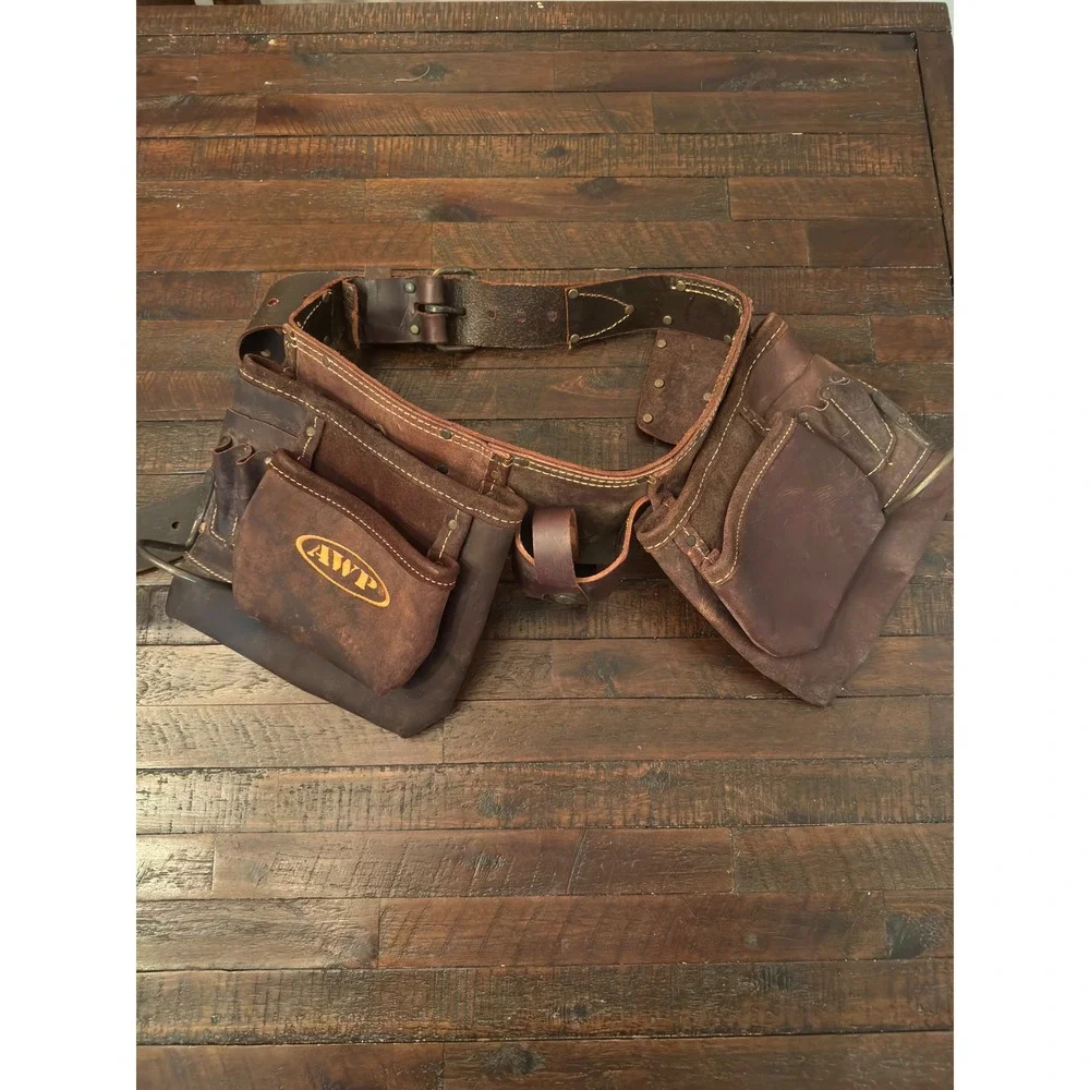 AWP Oil Tanned Leather Tool Belt Brown Heavy Duty Carpenter Construction Apron